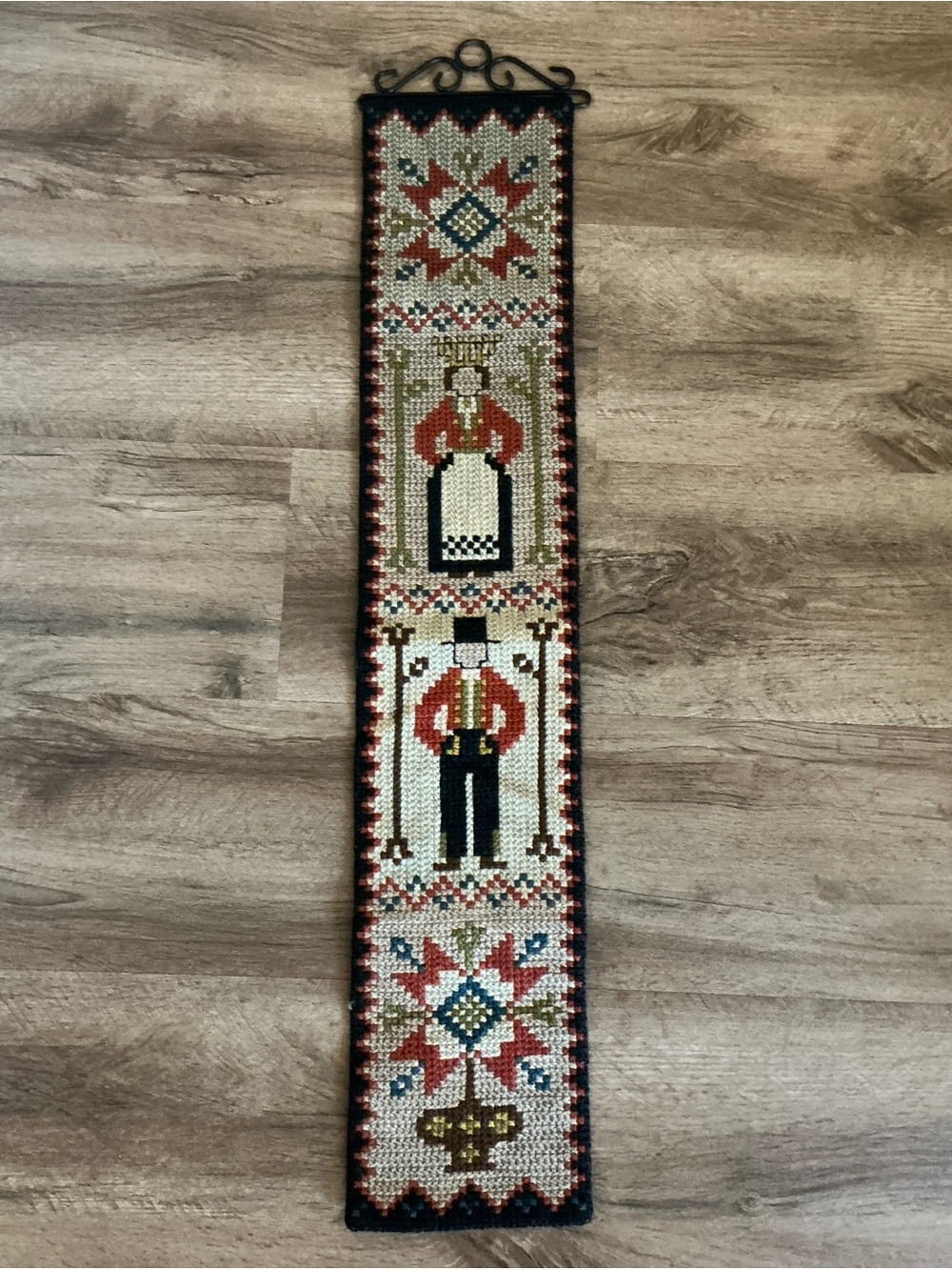 Vintage Bell Pull Tapestry Scandinavian Needlepoint Folk Art King Queen Wall Art